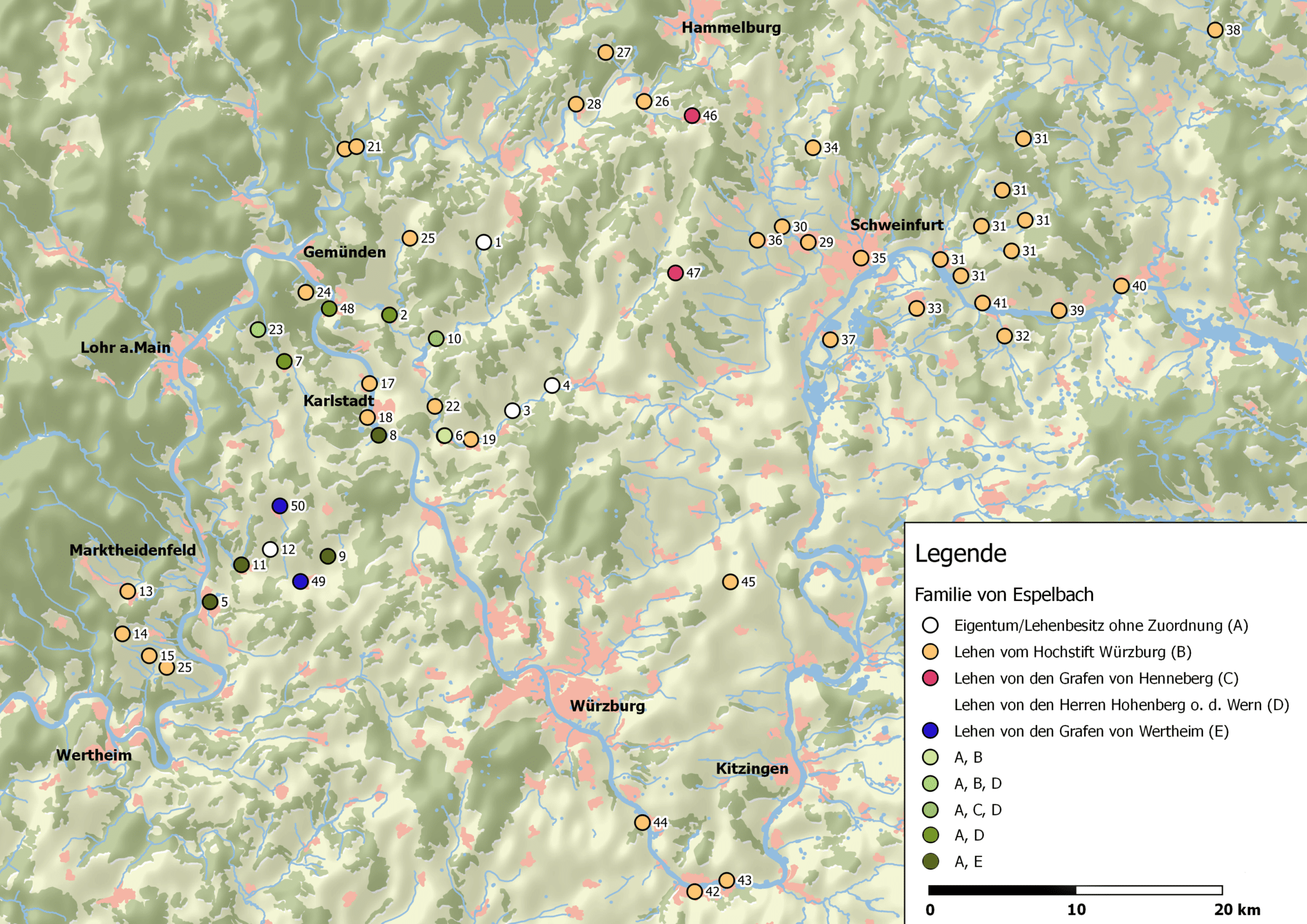 Auf dieser Karte sind die Orte eingetragen, in denen die Ritter von Espelbach bis ca. 1385/1400 über Eigentum oder Lehen verfügten. (Quelle: Archäologisches Spessartprojekt, Dr. Jürgen Jung)